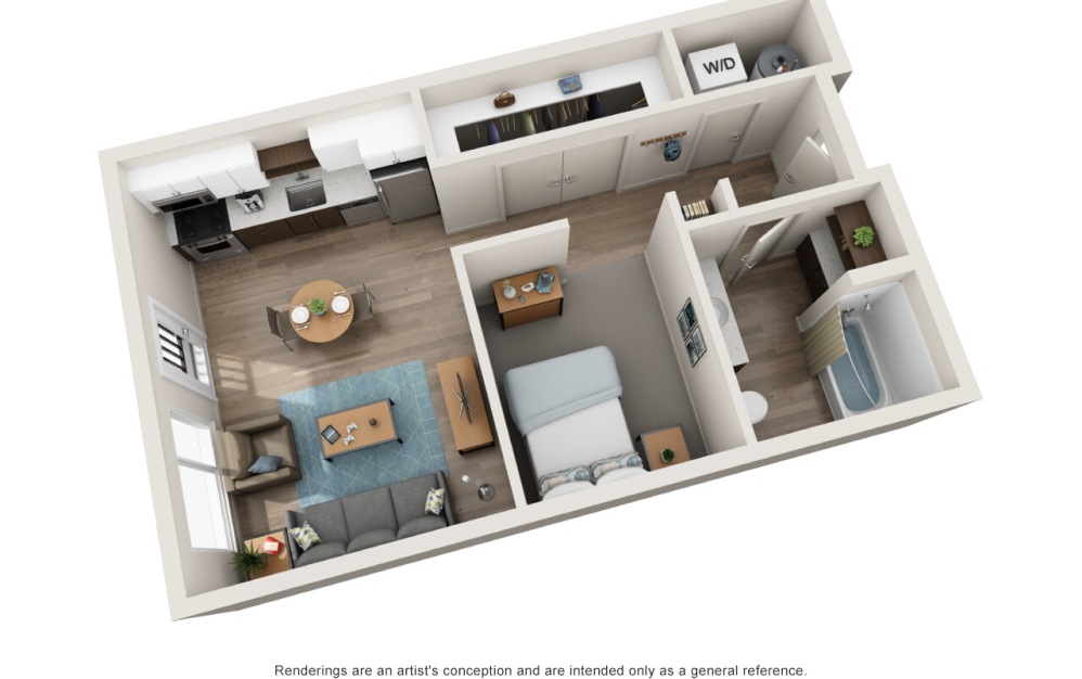 A2 - Studio floorplan layout with 1 bathroom and 603 square feet