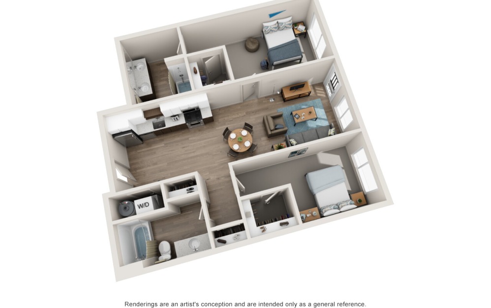 B2 - 2 bedroom floorplan layout with 2 bathrooms and 975 square feet