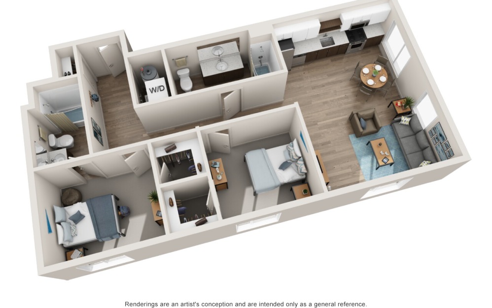 B3 - 2 bedroom floorplan layout with 2 bathrooms and 1029 square feet